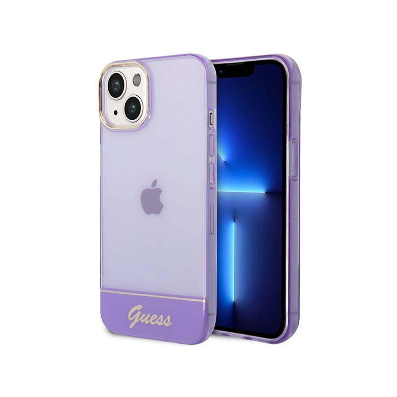 Guess Permatomas dėklas iPhone 14 Plus - violetinis