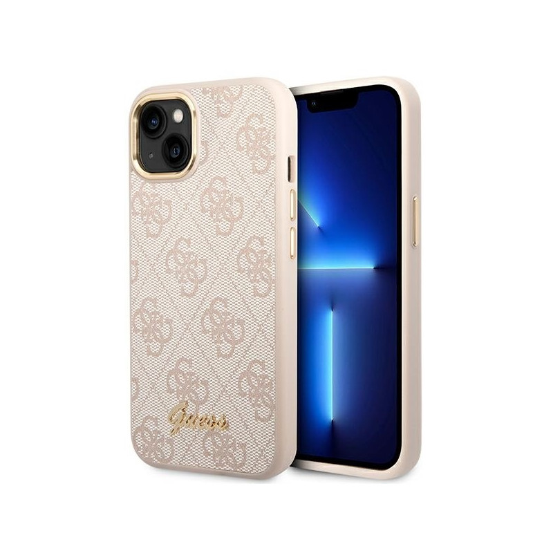 Guess 4G Vintage Gold Logo dėklas, skirtas iPhone 14 - rožinis