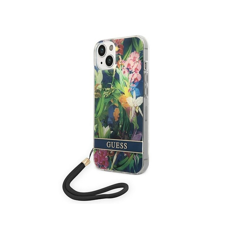 Guess Flower Strap dėklas iPhone 14 Plus - mėlynas