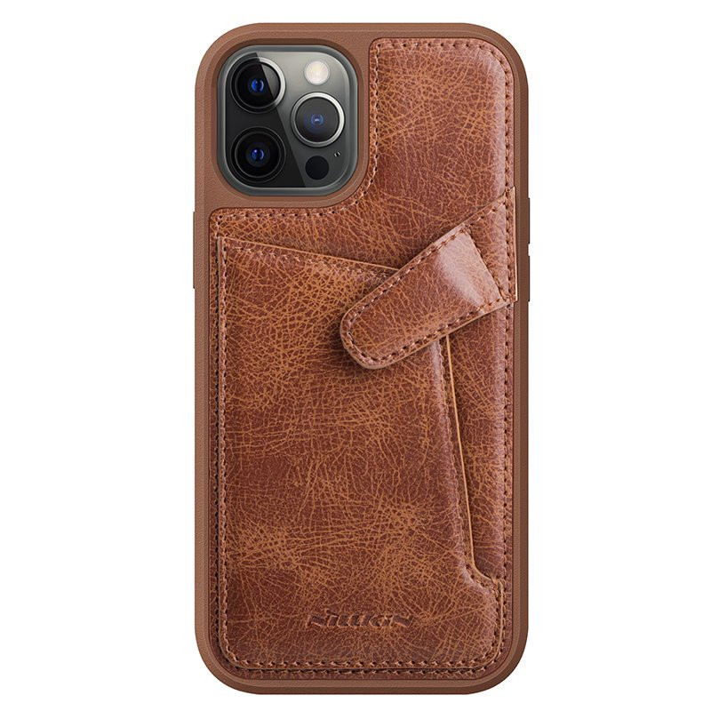 Nillkin Aoge Leather Case lankstus šarvuotas natūralios odos dėklas su kišene iPhone 12 mini rudai
