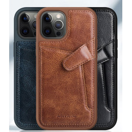 Nillkin Aoge Leather Case lankstus šarvuotas natūralios odos dėklas su kišene iPhone 12 mini rudai