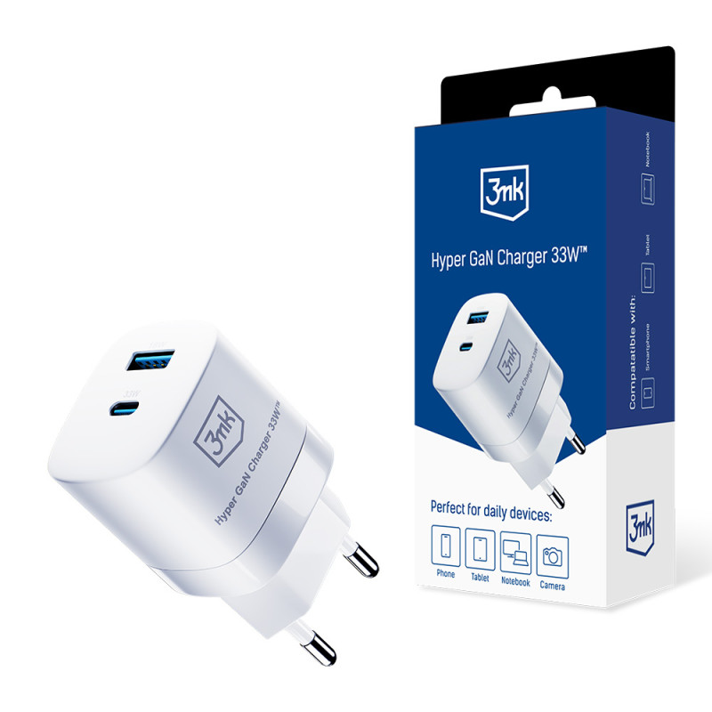 3mk Hyper Charger GaN 33W USB-C USB-A sieninis įkroviklis – baltas
