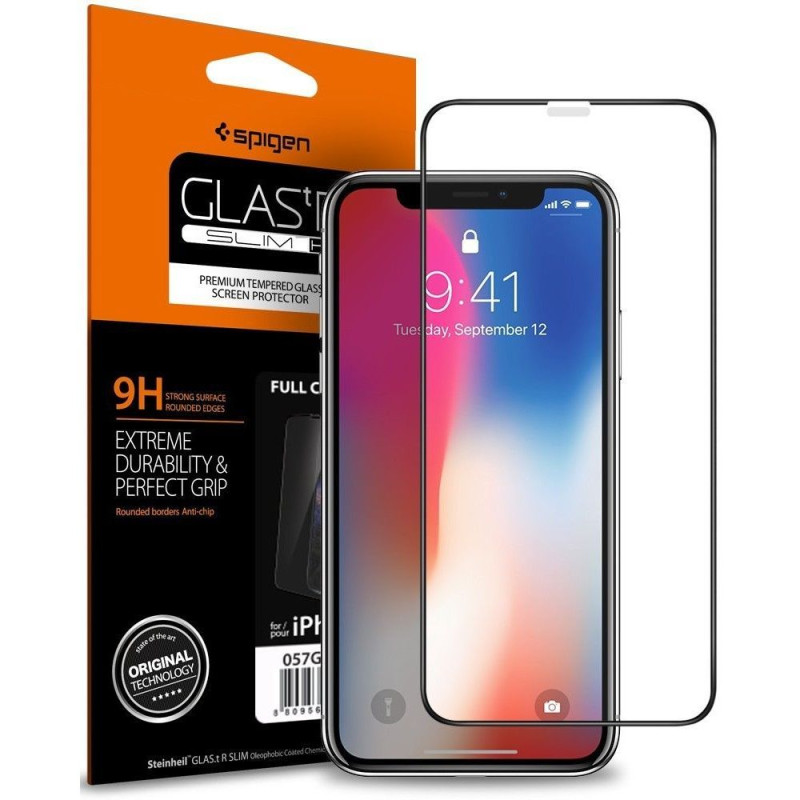Spigen Glass FC grūdintas stiklas su juodu rėmeliu, skirtas iPhone X/ XS/ 11 Pro