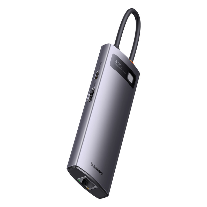 Baseus StarJoy HUB 6in1 USB Type C – 3x USB / HDMI / RJ45 (1Gbps) / USB Type C PD PD pilka (WKWG080013)