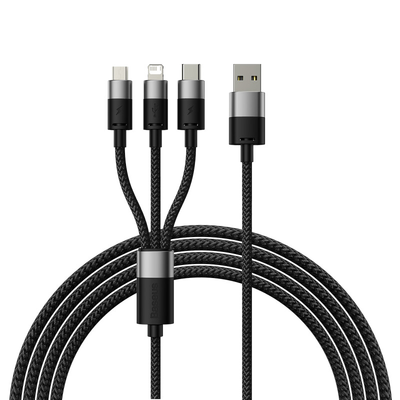 3in1 USB - mikro USB / Lightning / USB C laidas 3,5A 1,2m Baseus StarSpeed - juodas