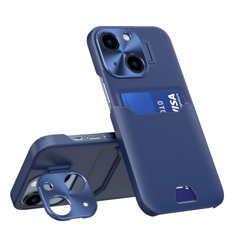 Odinis stovo dėklas iPhone 14 Plus, kortelių piniginės dangtelis su stovu, mėlynas