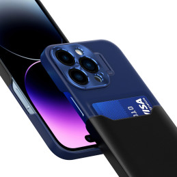 Odinis stovo dėklas iPhone 14 Plus, kortelių piniginės dangtelis su stovu, mėlynas