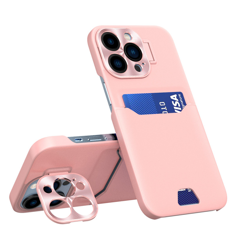 Odinis stovo dėklas iPhone 14 Pro, kortelių piniginės dangtelis su stovu, rožinis