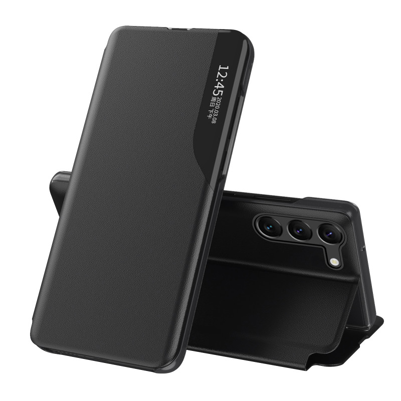 Eco Leather View Case dėklas, skirtas Samsung Galaxy S23+ su atverčiamu stovu, juodas