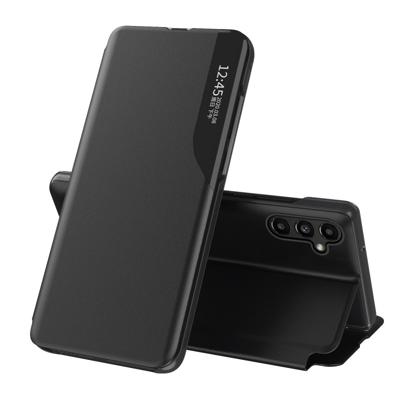 Eco Leather View Case dėklas, skirtas Samsung Galaxy A14 su atverčiamu stovu, juodas