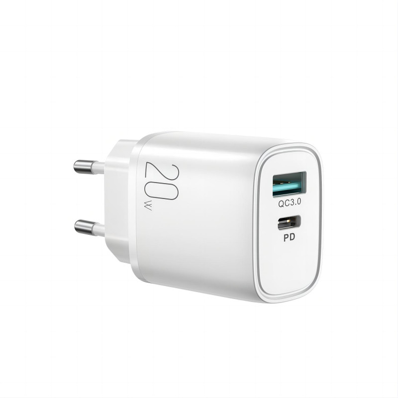 Joyroom greitas USB-A QC3.0 / USB-C PD 20 W sieninis įkroviklis baltas (L-QP2011)