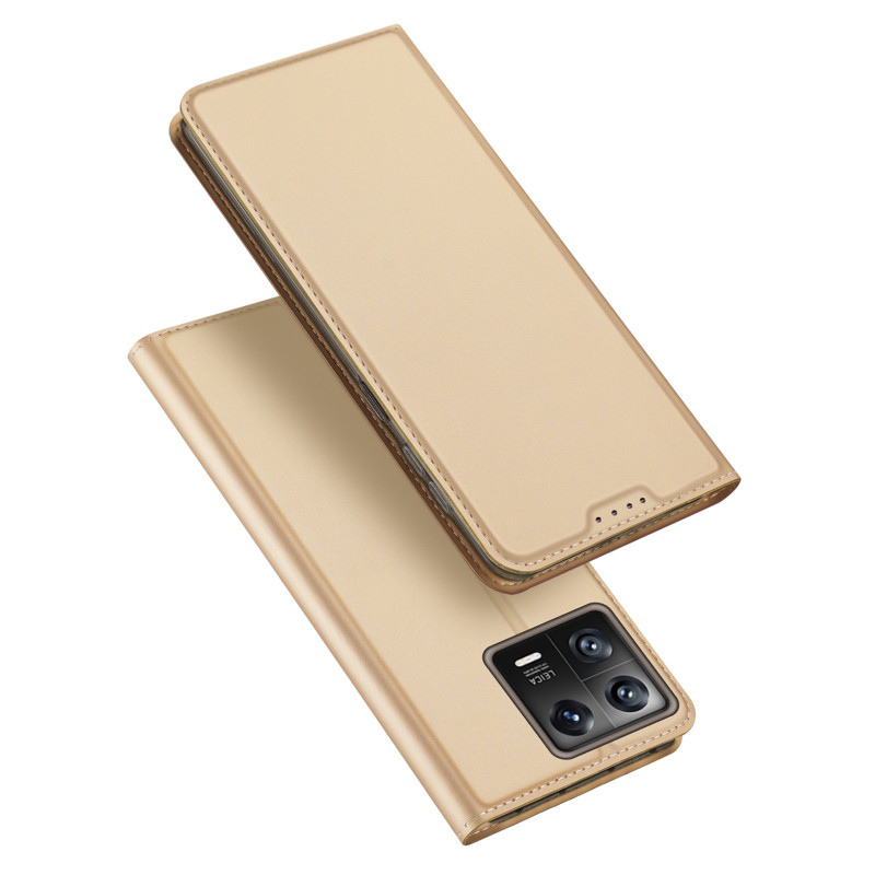 Dux Ducis Skin Pro dėklas Xiaomi 13 dangtelis su atvartu kortelės piniginės stovas auksinis