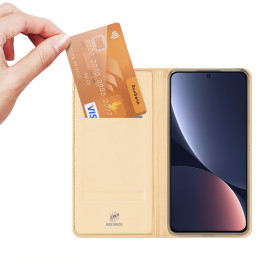 Dux Ducis Skin Pro dėklas Xiaomi 13 dangtelis su atvartu kortelės piniginės stovas auksinis