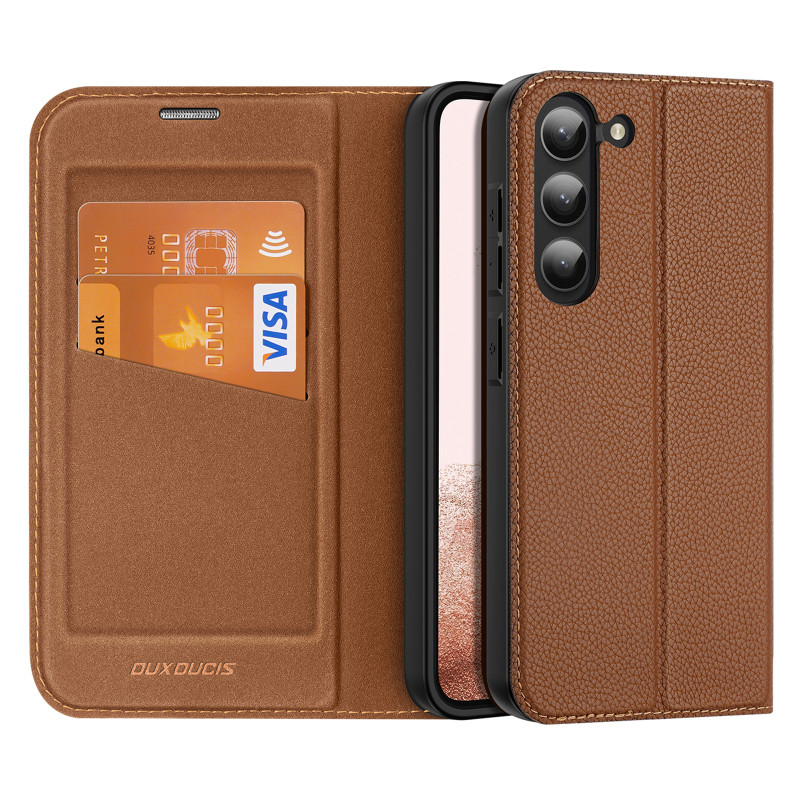 Dux Ducis Skin X2 dėklas, skirtas Samsung Galaxy S23+ dangtelis su atvartu piniginės stovas rudas