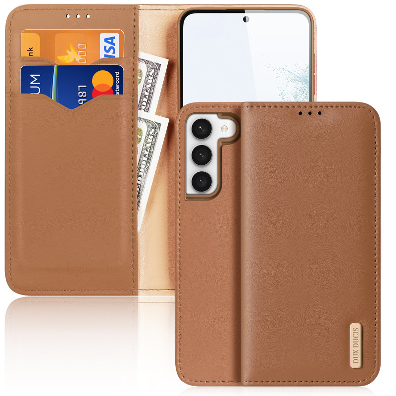 Dux Ducis Hivo dėklas, skirtas Samsung Galaxy S23+ dangtelis su atvartu piniginės stovu RFID blokuojantis rudas