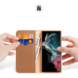 Dux Ducis Hivo dėklas, skirtas Samsung Galaxy S23 Ultra Flip Cover piniginės stovas RFID blokatorius rudas