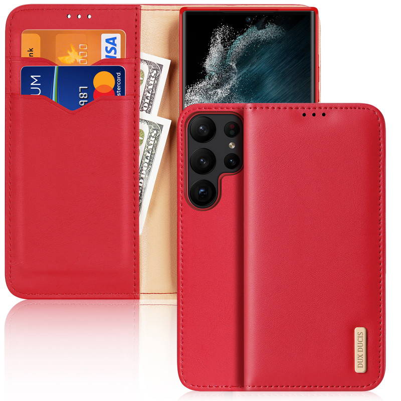 Dux Ducis Hivo dėklas, skirtas Samsung Galaxy S23 Ultra Flip Cover Piniginės stovas RFID blokatorius raudonas
