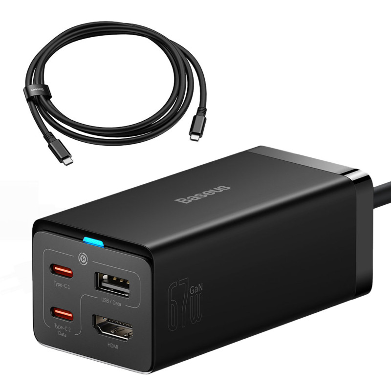GaN5 tinklo įkroviklis Baseus CCGP110201 HUB HDMI 2x USB-C / USB-A / HDMI 4K 30Hz 1,5m - juodas + USB-C - USB-C laidas 1...