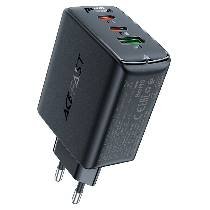 Acefast greitas GaN įkroviklis (2xUSB-C / USB-A) PPS / PD / QC4+ 65W juodas (A41)