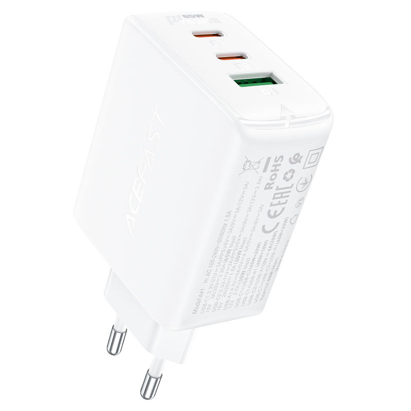 Acefast greitas GaN įkroviklis (2x USB-C / USB-A) PPS / PD / QC4+ 65W baltas (A41)