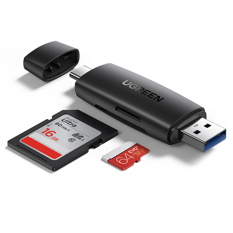 Ugreen SD / micro SD kortelių skaitytuvo adapteris (USB-A / USB-C) juodas (CM304)