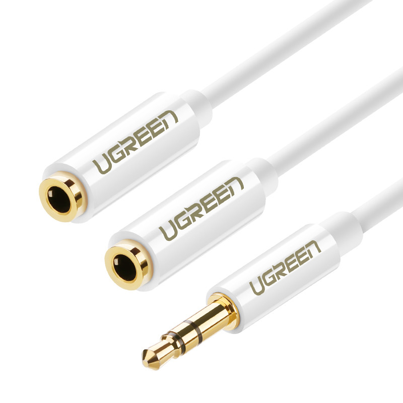 Ugreen kabelio ausinių skirstytuvo mini lizdas 3,5 mm - 2 x mini lizdas 3,5 mm (2 x stereo išvestis) 20 cm baltas (AV134...