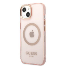 Guess Gold Outline permatomas MagSafe dėklas iPhone 13 - rožinis