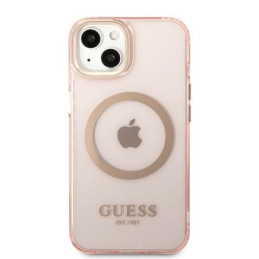 Guess Gold Outline permatomas MagSafe dėklas iPhone 13 - rožinis