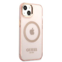 Guess Gold Outline permatomas MagSafe dėklas iPhone 13 - rožinis