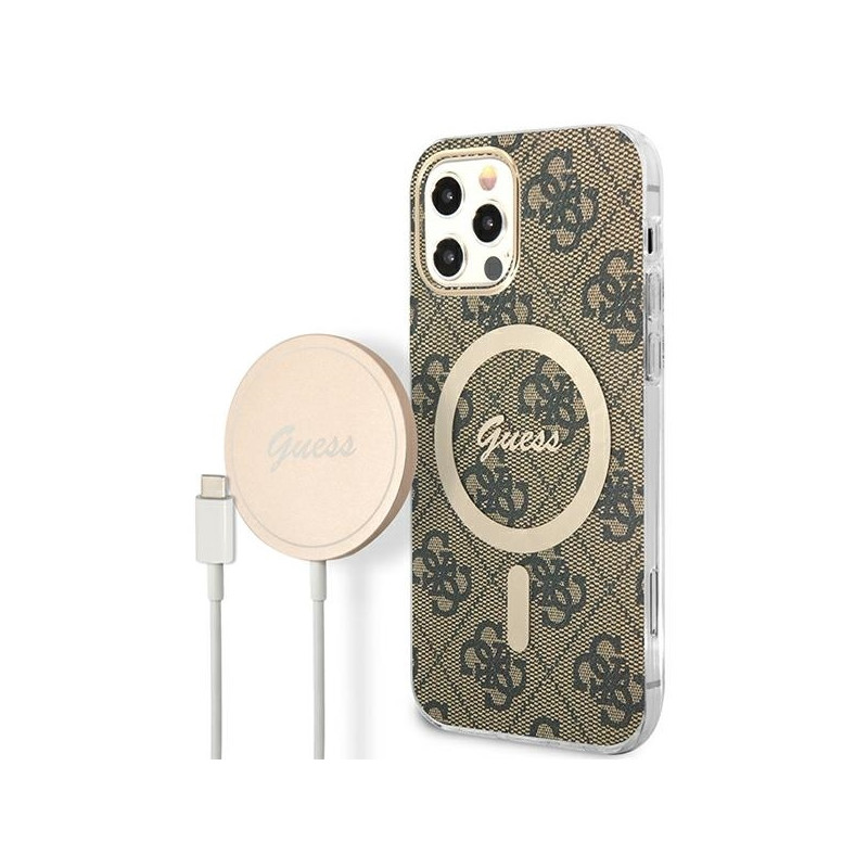 Guess 4G Print MagSafe dėklas, skirtas iPhone 12 / iPhone 12 Pro + indukcinis įkroviklis - ruda