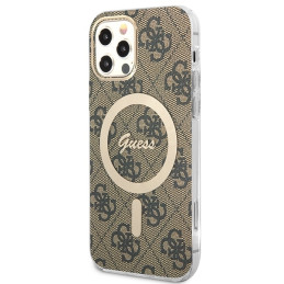 Guess 4G Print MagSafe dėklas, skirtas iPhone 12 / iPhone 12 Pro + indukcinis įkroviklis - ruda