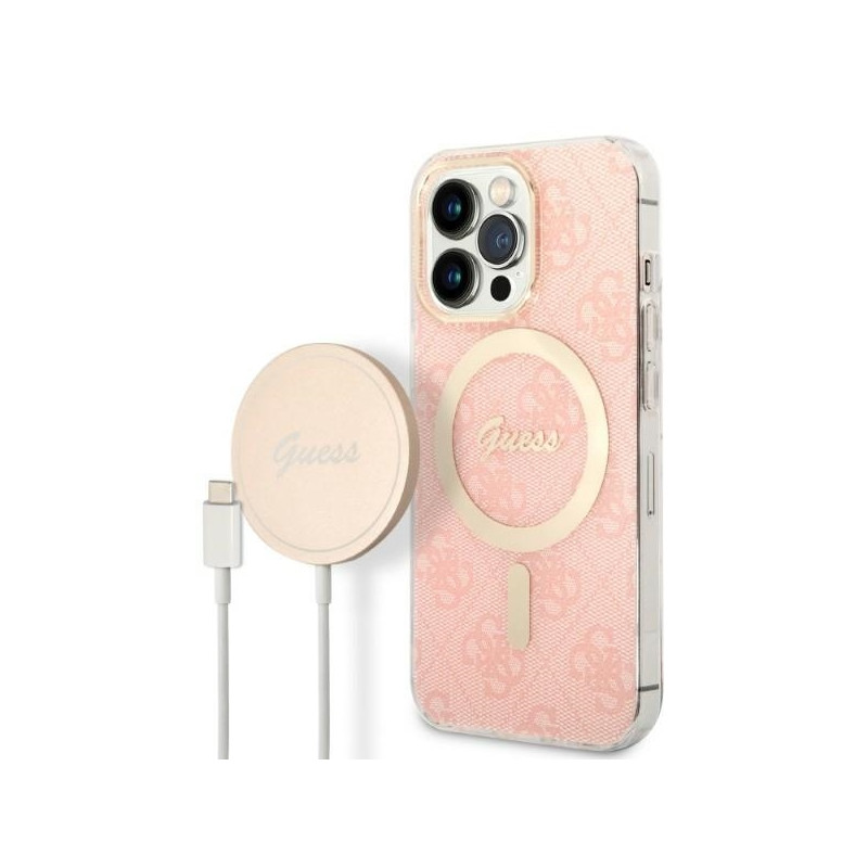 Guess 4G Print MagSafe dėklas, skirtas iPhone 13 Pro + indukcinis įkroviklis - rožinė
