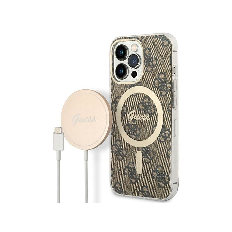 Guess 4G Print MagSafe dėklas, skirtas iPhone 13 Pro Max + indukcinis įkroviklis - rudas