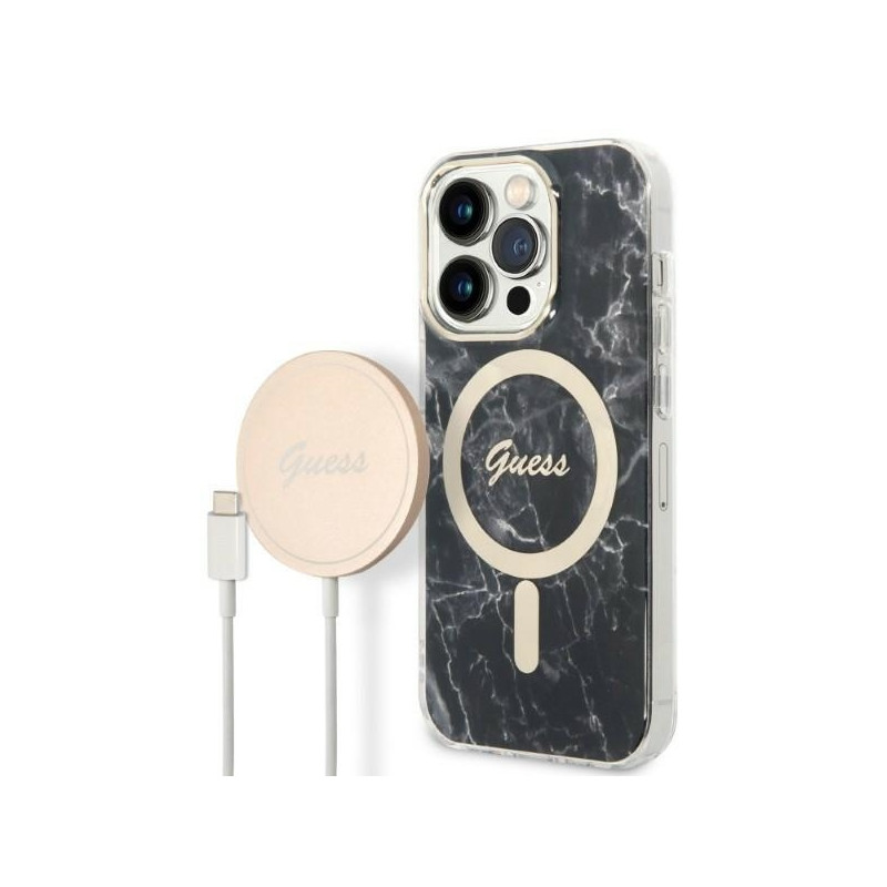 Guess Marble MagSafe dėklas skirtas iPhone 14 Pro + indukcinis įkroviklis - juodas