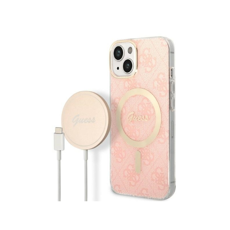 Guess 4G Print MagSafe dėklas, skirtas iPhone 14 Plus + indukcinis įkroviklis - rožinis