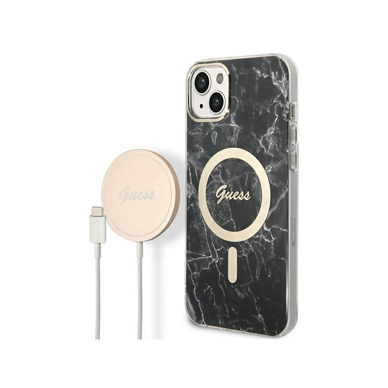 Guess Marble MagSafe dėklas skirtas iPhone 14 Plus + indukcinis įkroviklis - juodas