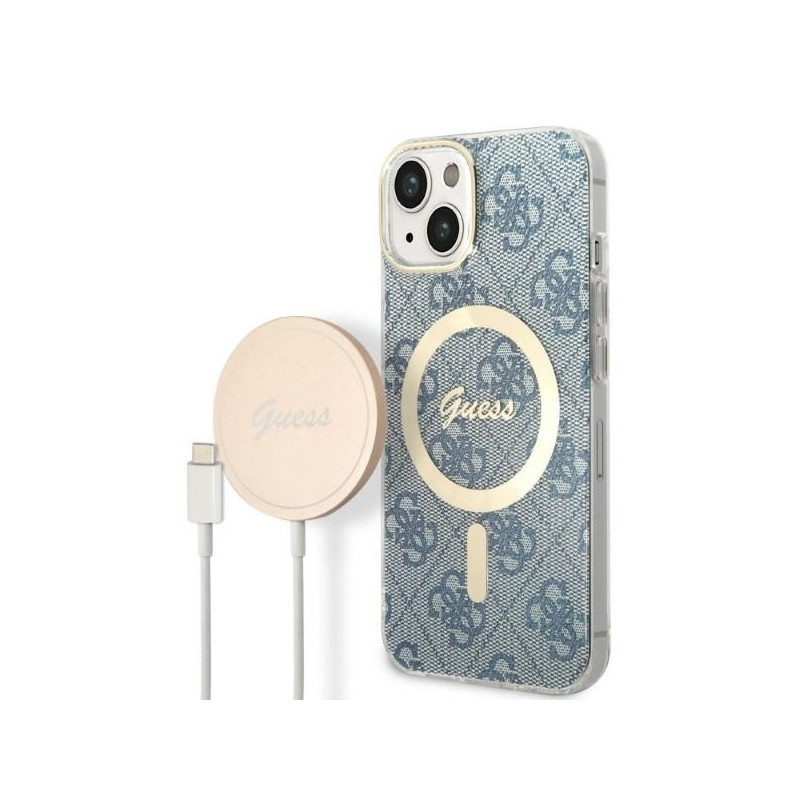 Guess 4G Print MagSafe dėklas, skirtas iPhone 14 + indukcinis įkroviklis - mėlynas