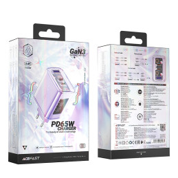 Acefast GaN įkroviklis 65W, 3 prievadai (1xUSB, 2xUSB C) violetinė (A45)