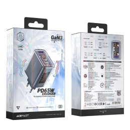 Acefast GaN įkroviklis 65W, 3 prievadai (1xUSB, 2xUSB C) pilka (A45)