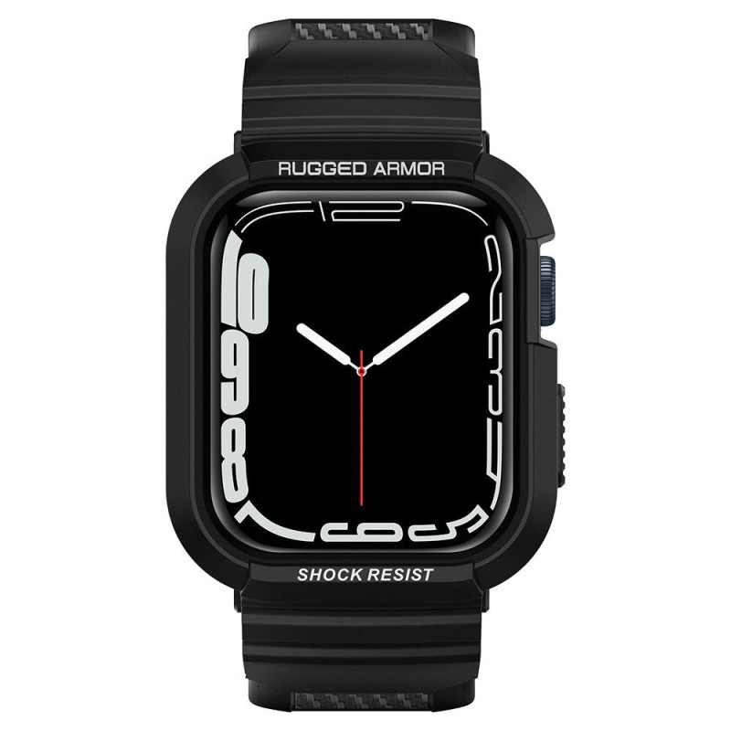 „Spigen Rugged Armor Pro“ dėklas su dirželiu, skirtas Apple Watch 4/ 5/ 6/ 7/ 8/ SE (44/ 45 mm) – juodas