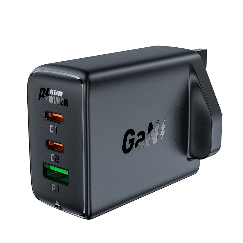 Acefast GaN įkroviklis 65W 3 prievadai (1xUSB, 2xUSB C PD) JK kištukas juodas (A44)