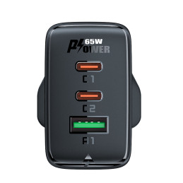 Acefast GaN įkroviklis 65W 3 prievadai (1xUSB, 2xUSB C PD) JK kištukas juodas (A44)