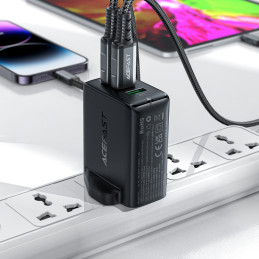 Acefast GaN įkroviklis 65W 3 prievadai (1xUSB, 2xUSB C PD) JK kištukas juodas (A44)
