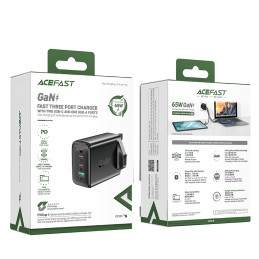 Acefast GaN įkroviklis 65W 3 prievadai (1xUSB, 2xUSB C PD) JK kištukas juodas (A44)