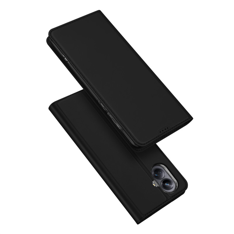 „Dux Ducis Skin Pro“ dėklas, skirtas „Realme 10 Pro“ atverčiamas dangteliu kortelių piniginės stovui, juodas