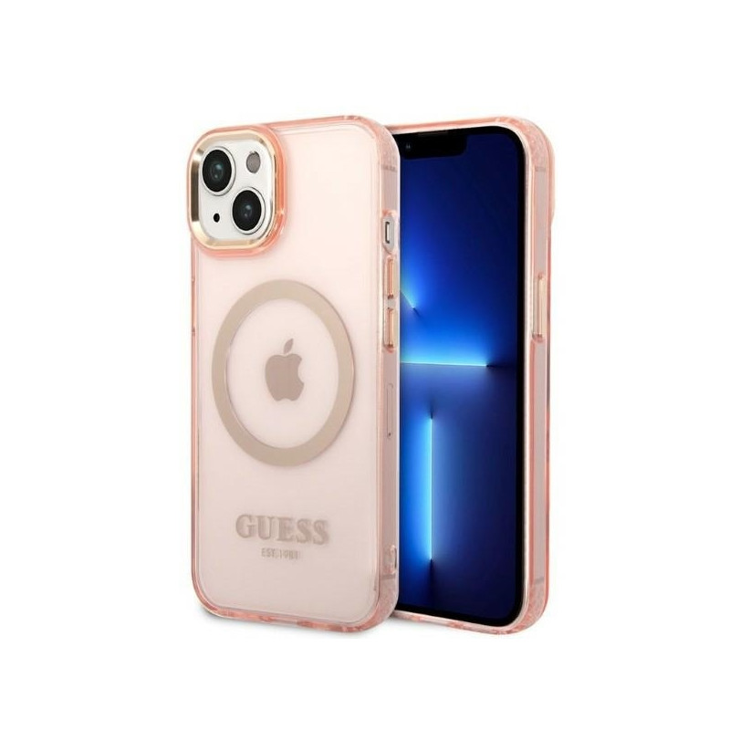 Guess Gold Outline permatomas MagSafe dėklas, skirtas iPhone 14 Plus – rožinis