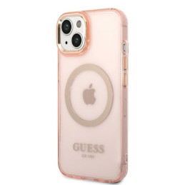 Guess Gold Outline permatomas MagSafe dėklas, skirtas iPhone 14 Plus – rožinis