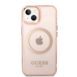 Guess Gold Outline permatomas MagSafe dėklas, skirtas iPhone 14 Plus – rožinis