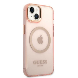Guess Gold Outline permatomas MagSafe dėklas, skirtas iPhone 14 Plus – rožinis