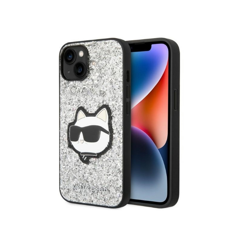 Karl Lagerfeld Glitter Choupette Patch dėklas iPhone 14 - sidabrinis
